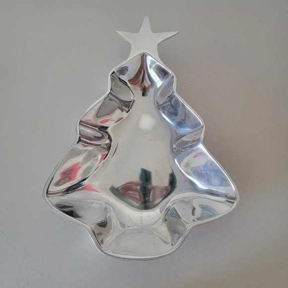 Rare Pewter Christmas Tree Platter Made in India Small Size Silver Tone Tray - Picture 1 of 9